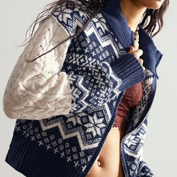 Womens Blue High Neck Zip up Fair Isle Print Chunky Cable Knit Cardigan - Picture 3 of 8